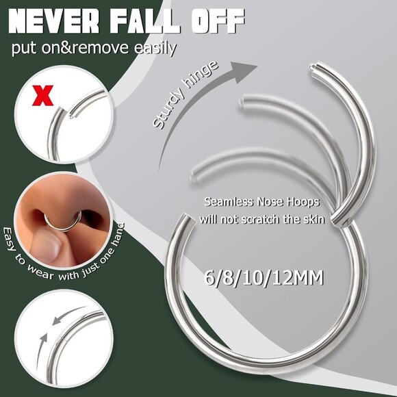 Hypoallergenic 18G Nose Rings: 8 Seamless Steel Clickers, Various Sizes 6-12MM - Picture 4 of 7